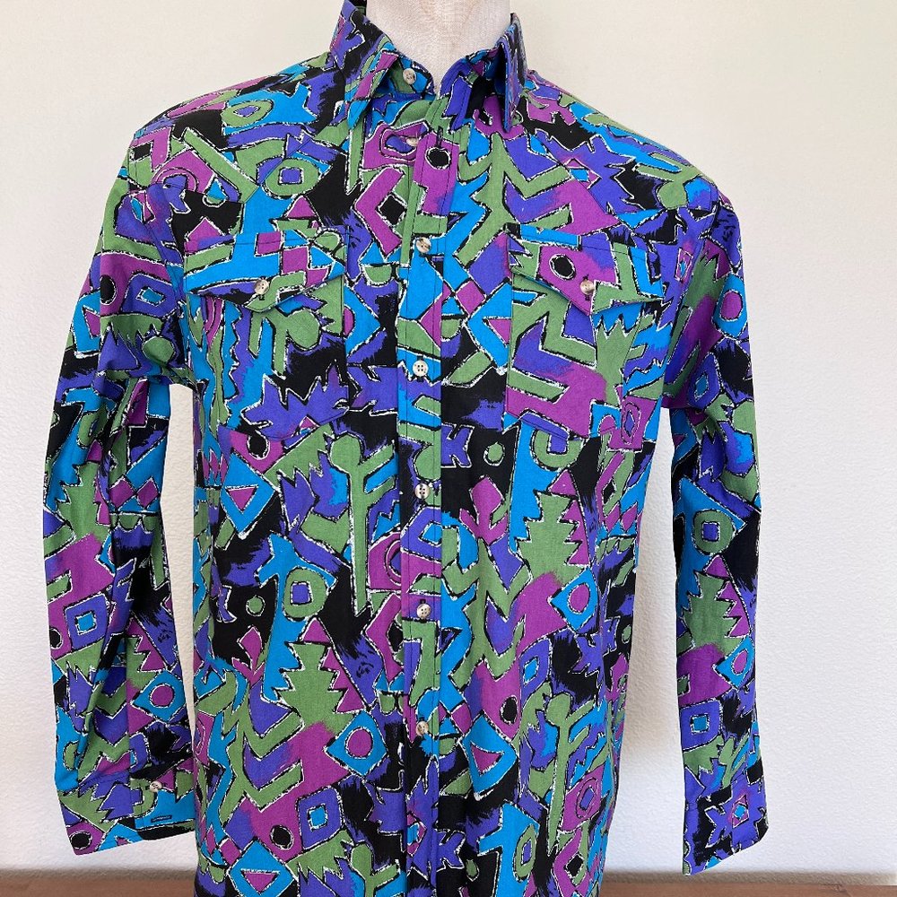 90's Funky Abstract Purple Long Sleeve Shirt - Size Large - Americana Collection